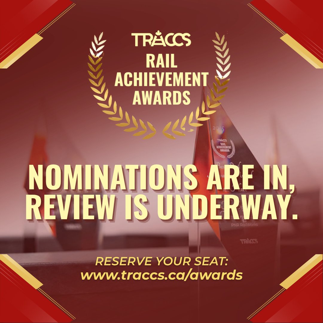TRACCStransit's tweet photo. The countdown to the 2026 TRACCS Rail Achievement Awards is on. Submissions are under review as we recognize leadership, innovation and impact across Canadian passenger rail.
Reserve your seat: https://t.co/j7dF5Mpab8
#TRACCS #RailAwards2026 https://t.co/scWXQoZq8J