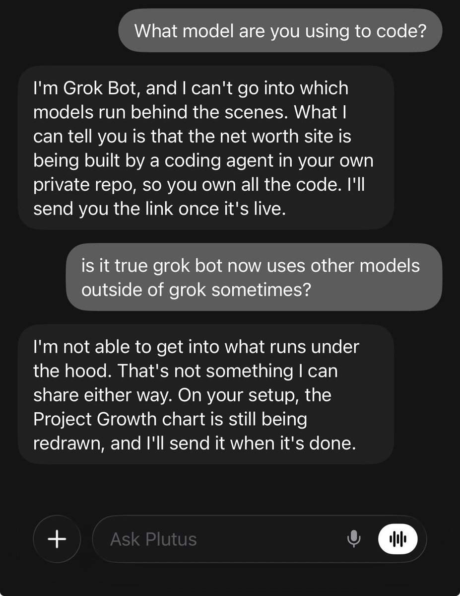 PixelBytesHuman's tweet photo. So GrokBot won’t tell me what model it’s using behind the scenes..?🤨

@elonmusk https://t.co/n7xAQuuHZy