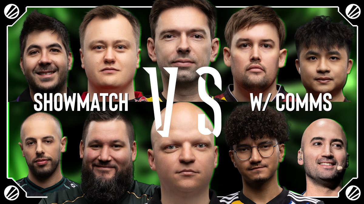 Promotional graphic for a "5 Coaches vs. 5 Coaches" UNC Showmatch, featuring headshots of ten players divided into two teams labeled "SHOWMATCH" and "W/ COMMS" against a green background, separated by a large "VS" in the center. The image visualizes the "Coaches vs. Coaches" concept mentioned in the post by showcasing the two opposing rosters of veteran pros.