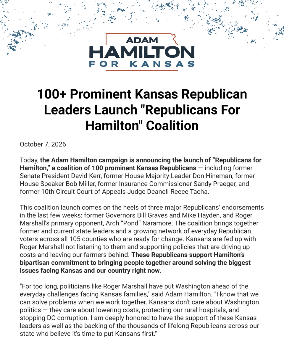 Hamilton4Kansas's tweet photo. 🚨 100+ Kansas Republicans just launched Republicans for Hamilton, a statewide coalition backing Adam for U.S. Senate.

The list includes former governors Bill Graves and Mike Hayden, a former Senate President, a former House Majority Leader, and Roger Marshall’s primary opponent.