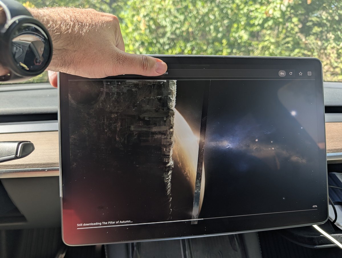 RAMcgi's tweet photo. Am I the first one to play halo on the @Tesla entertainment computer?  Working xbox360 controller connected too with working surround sound.  (Original decomp did a stereo sum, I've improved a few bits). Owe my career path to this game, super fun to play with, even today. https://t.co/7Ku6tc1tdT