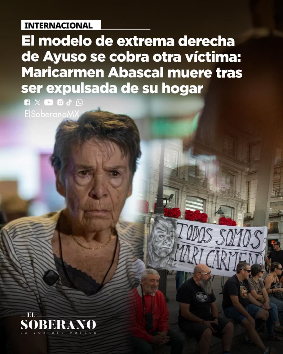 ElSoberanoMX's tweet photo. #Internacional 🔴 El modelo de extrema derecha de Ayuso se cobra otra víctima: Maricarmen Abascal muere tras ser expulsada de su hogar

Madrid vuelve a teñirse de luto. María del Carmen Abascal, de 87 años, símbolo de la resistencia vecinal frente al acoso inmobiliario, falleció en el Hospital Gregorio Marañón tras ser desalojada el 23 de septiembre del piso de Retiro donde vivía desde 1956.

Más en: https://t.co/0OfYaCzLcT