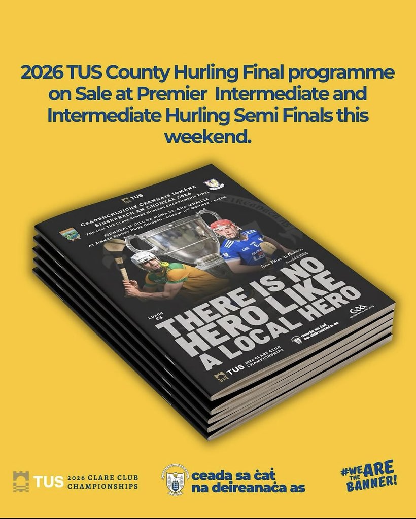 KilmaleyGAA's tweet photo. 2026 County Hurling Final Programme ππ€
The official 2026 County Hurling Final Programme will be on sale at our Intermediate Semi-Final this Friday evening in Clarecastle.
#KilmaleyGAA #upkilmaley #countyfinal https://t.co/XTdoRandFo