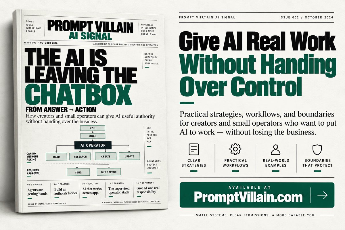 mindzerk's tweet photo. AI is leaving the chatbox.
AI Signal Issue 002 shows how creators and small operators can give AI real work, set clear boundaries, build approval gates, and keep control where it matters.
From answer → action.
https://t.co/WRnXj0a8ZO
#AIWorkflows #AIFrameworks #AITips https://t.co/f0MBp7XtBL