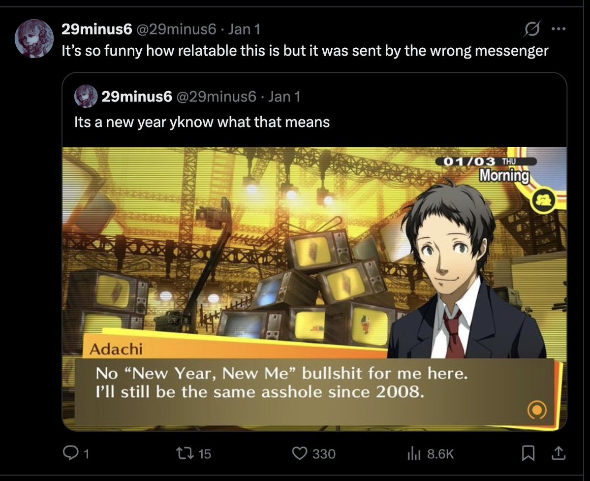 m60pd's tweet photo. The bullshit you do for ez likes

Upload hashtag relatableee adachi screenshot on new years press post bam done idgaf https://t.co/hWa4lssNub
