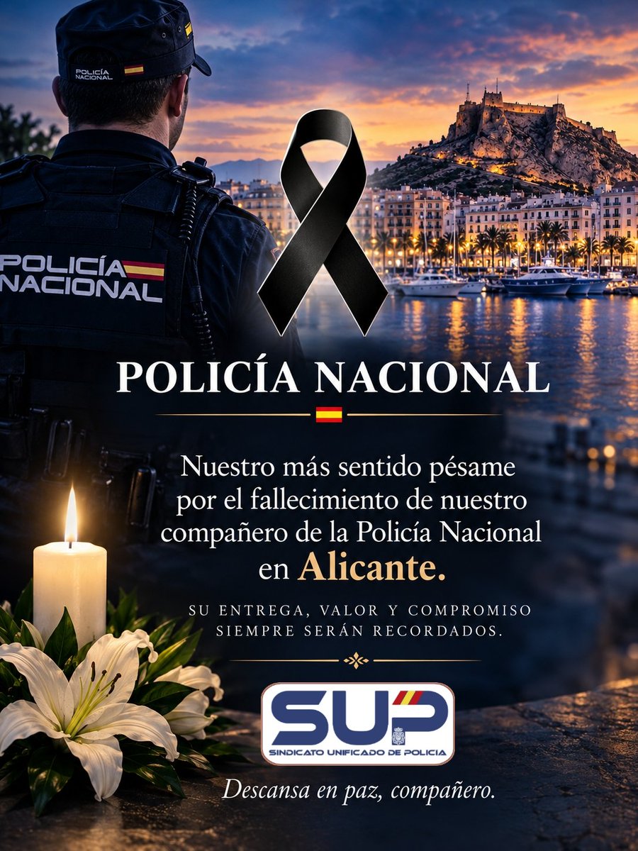 Sup_Policia's tweet photo. 💔 Un compañero ha perdido la vida en Alicante y el SUP comparte el dolor de su familia, de su unidad y de toda la Policía.

🕊️ Sabemos que ninguna palabra alivia una ausencia así, pero queremos que sus seres queridos sientan nuestro cariño y nuestro apoyo en estas horas tan duras.

⚠️ Cada accidente de este tipo nos recuerda el precio que puede cobrar nuestro oficio y lo imprescindible de no bajar nunca la guardia.

🙏 Gracias a todos los que habéis mostrado vuestro respeto. Descanse en paz, compañero.