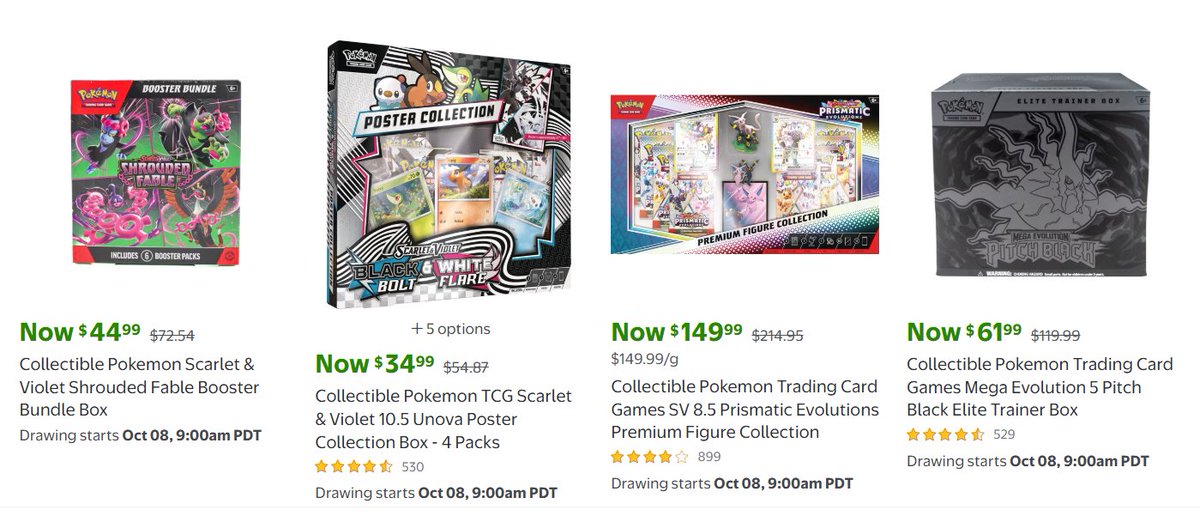 PokemonRestocks's tweet photo. Prismatic Evolutions Premium Figure Collection & More Added to Upcoming Walmart Collector Con Drawings - Drops 10/8 at 9AM PT! ✨

All Walmart Drawings 
➡️ https://t.co/yjdjaQM0sU

🗓️10/8 at 9AM PT 
30th Celebration Booster Bundle 2-Pack: https://t.co/PoRcnVDIl0
30th Celebration Mini Tin Display: https://t.co/YkQDsO8agg
Prismatic Figure Collection: https://t.co/iJAff0gDBZ
Pitch Black ETB: https://t.co/6U17U1EvVP
First Partner Collection Series 3: https://t.co/mBbYzfoRwC
Unova Poster Collection: https://t.co/eIz6JWp3MX
Shrouded Fable Booster Bundle: https://t.co/ydPxUglY8q

We'll post when drawings are live! 🔔
#PokemonTCG #ad