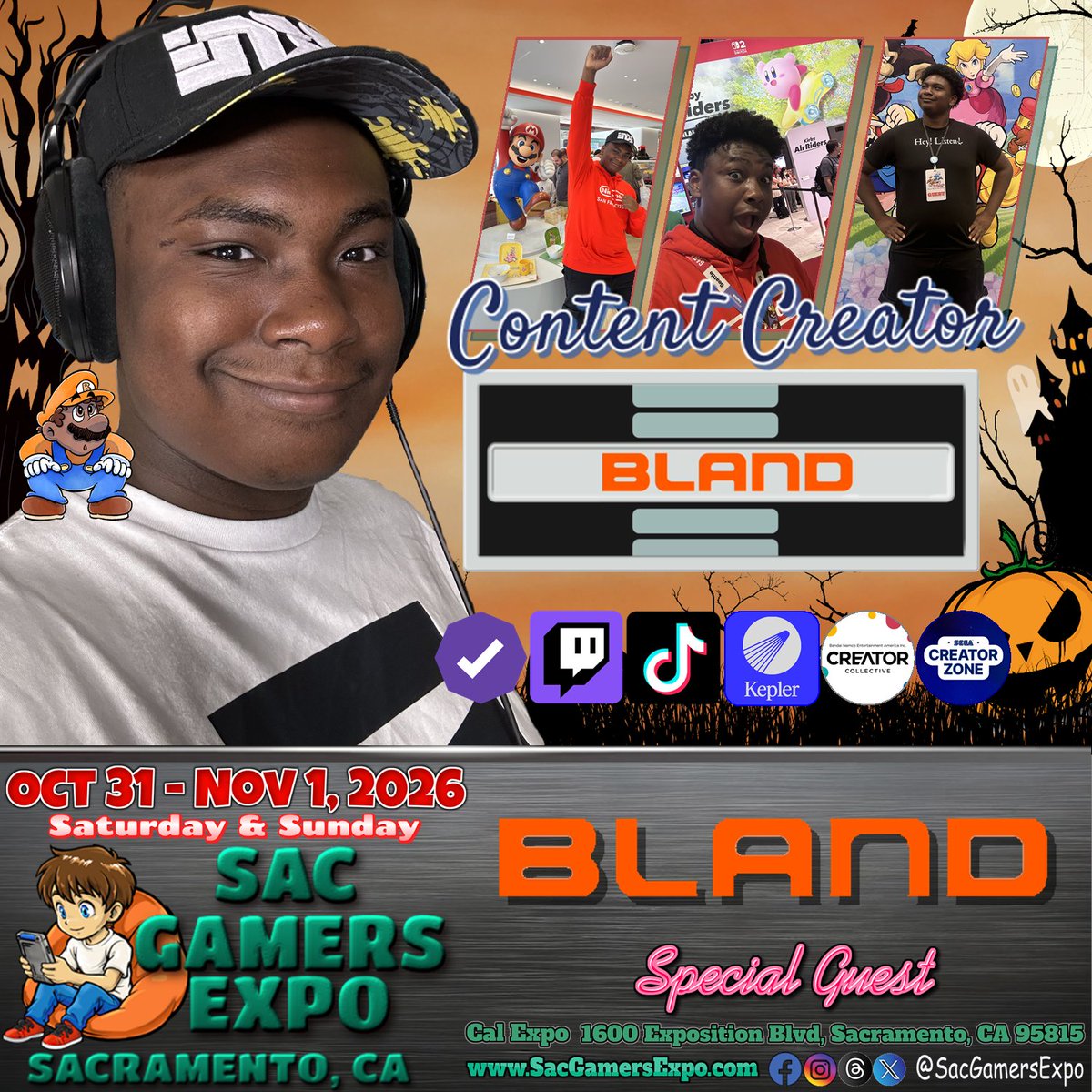 sacgamersexpo's tweet photo. We’re pleased to welcome @ItsABland as a Content Creator Guest at @SacGamersExpo 2026!

BLAND is a Twitch Partner &amp; Nintendo-focused content creator streaming for over 6 years. BLAND is known for playing titles like #MarioKart, #Pokemon, &amp; #Splatoon. https://t.co/HRfdVCg7UG
