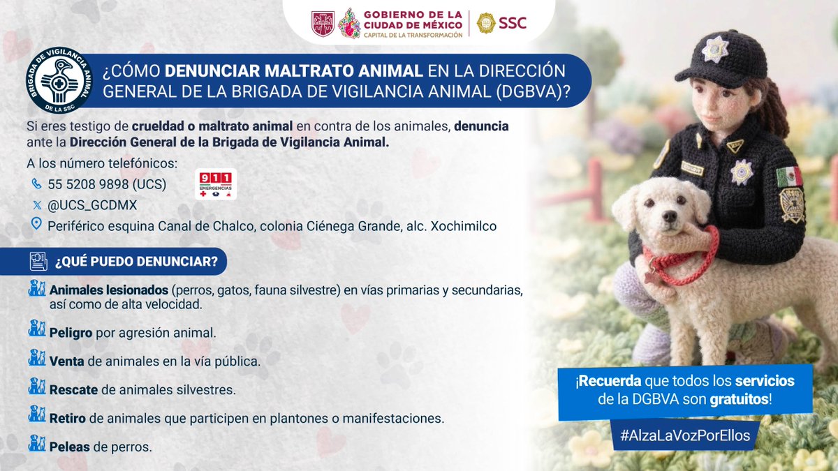 SSC_CDMX's tweet photo. #AlzaLaVozPorEllos l ¿Sabías que el maltrato animal es un delito? 🐾

Si eres testigo de una agresión, no te quedes callado, repórtala a la Brigada de Vigilancia Animal de la #SSC.👀
Juntas y juntos protejamos y rescatemos a quienes no pueden pedir ayuda. 🐶🐱
 
Contáctanos:
📞 55 5208 9898
📱 X: @UCS_GCDMX