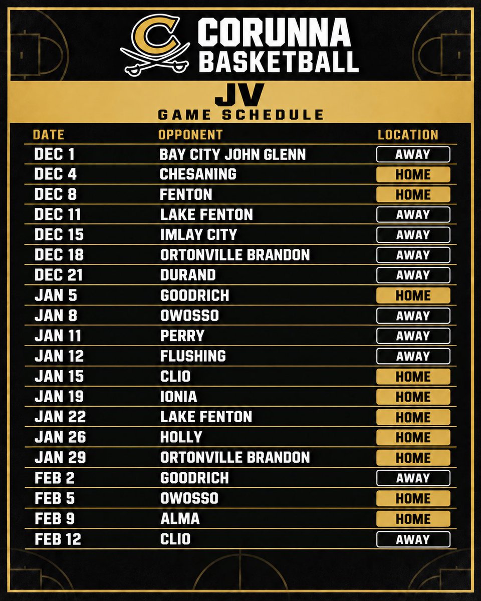 CorunnaHoops's tweet photo. 2026-2027 Corunna Basketball Schedule ⭐️⚫️

Mark your calendars and let’s pack the gym this winter!

Go Cavs! https://t.co/vZC4fHWxPE