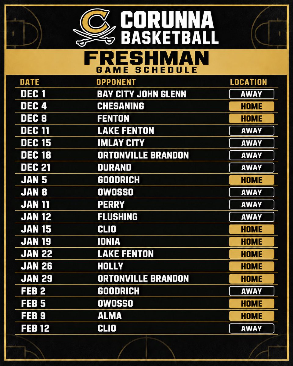 CorunnaHoops's tweet photo. 2026-2027 Corunna Basketball Schedule ⭐️⚫️

Mark your calendars and let’s pack the gym this winter!

Go Cavs! https://t.co/vZC4fHWxPE