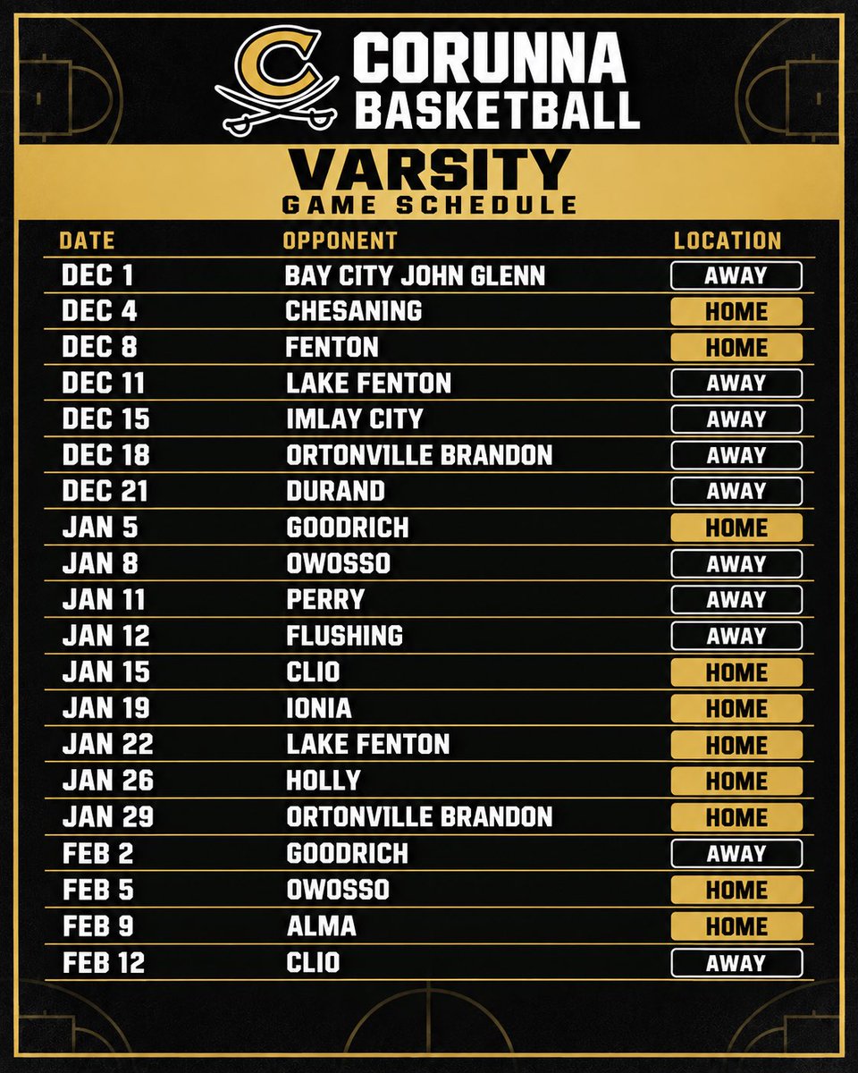 CorunnaHoops's tweet photo. 2026-2027 Corunna Basketball Schedule ⭐️⚫️

Mark your calendars and let’s pack the gym this winter!

Go Cavs! https://t.co/vZC4fHWxPE