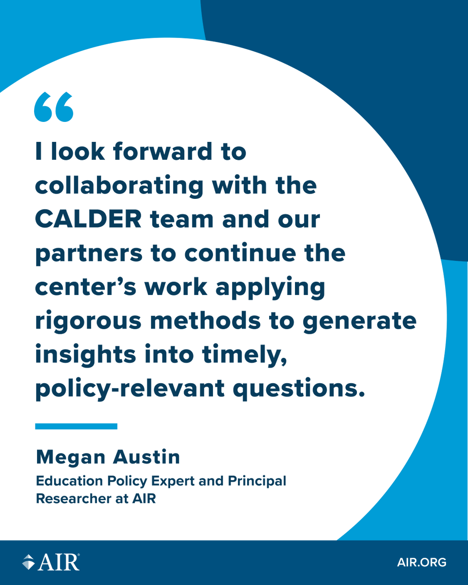 AIRInforms's tweet photo. Congratulations to Megan Austin on being named director of @caldercenter! Megan will lead the center's work producing rigorous, policy-relevant research that helps improve K-12 education outcomes. 

Learn more: https://t.co/CF2D0ulqzY https://t.co/T9DCTbr8uV