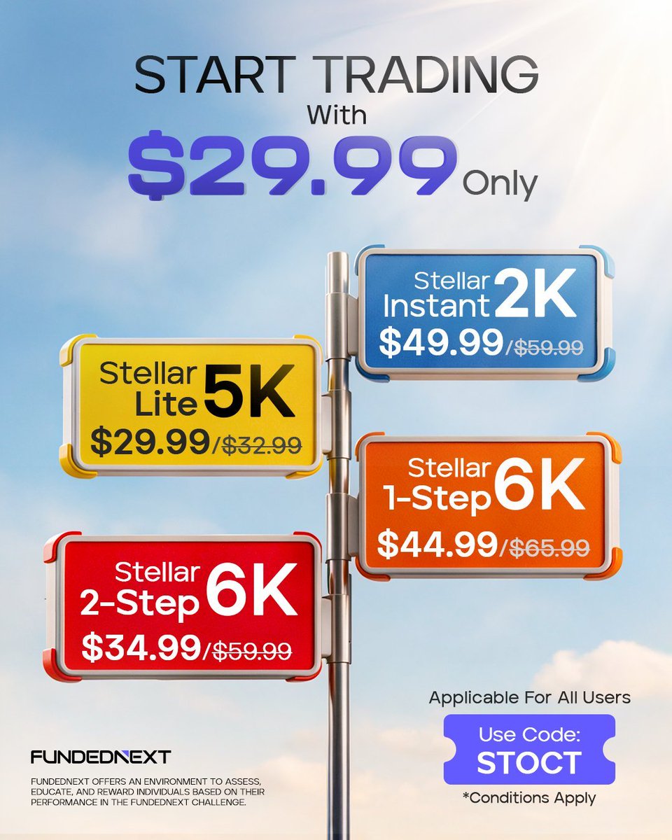CHIROMAFX's tweet photo. This October: @FundedNext Stellar Accounts from just $29.99!

Stellar Lite 5K → $29.99  
Stellar 2-Step 6K → $34.99  
Stellar 1-Step 6K → $44.99  
Stellar Instant 2K → $49.99  

Use code STOCT at checkout.

Link : https://t.co/TcfJhTKns2 https://t.co/vKcVm6e103