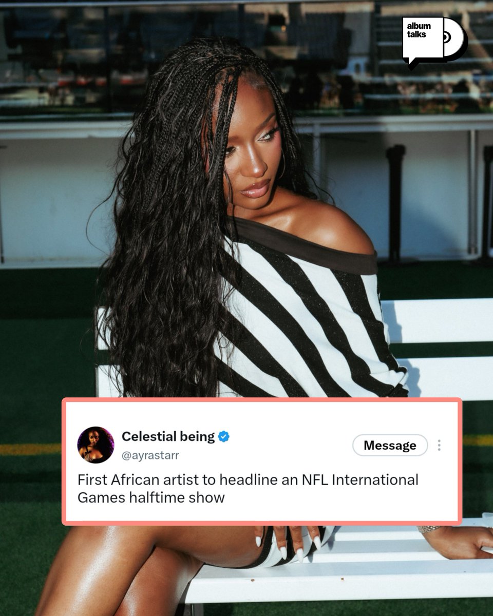AlbumTalksHQ's tweet photo. FIRST AFRICAN ARTIST TO HEADLINE AN NFL INTERNATIONAL GAMES HALFTIME SHOW🤩💪🏽

OYINKANSOLA SARAH ADERIBIGBE https://t.co/Y8YsljIIn1