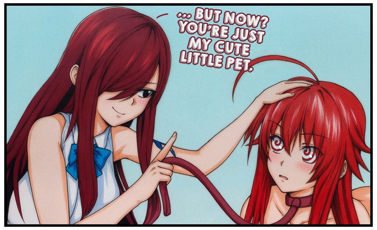 ivatent's tweet photo. My supporters have answered the question of who is the better redhead, Erza or Rias?
Well, not even the devil can beat Erza~

The rest of the scene is waiting inside my art vault. Check below to see what happens below Rias' new collar ↓ https://t.co/mX7Eags2u8