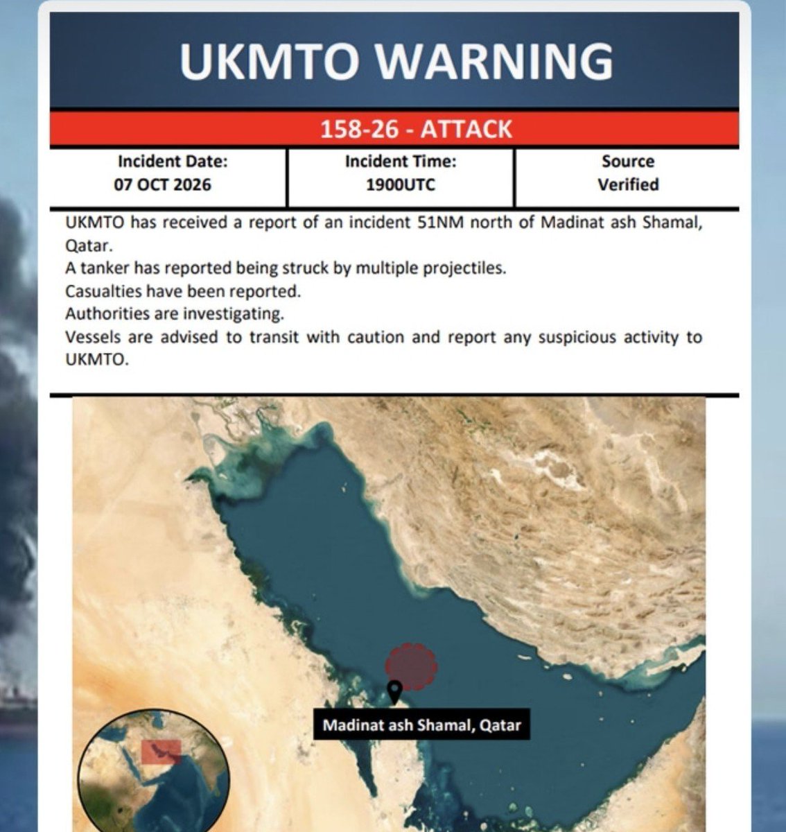tafsirgar's tweet photo. Iran’s attacks are no longer confined to the #Strait_of_Hormuz. Tonight’s Iranian attack on an oil tanker in #Qatari waters, hundreds of kilometres away from the Strait of Hormuz, sends a clear and unmistakable message https://t.co/KiCH1VVAne