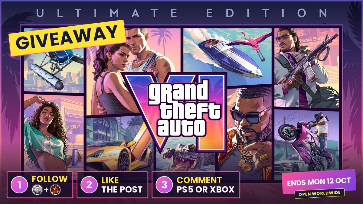 IndieGameJoe's tweet photo. One of you is getting a free copy of GTA 6 Ultimate Edition for PS5 or Xbox, you choose!

Here's how to enter:
1️⃣ Follow @IndieGameJoe and @SynthPotato
2️⃣ Like this post
3️⃣ Reply with PS5 or Xbox

Open to everyone worldwide, with the winner picked on Monday 12 October https://t.co/j2X5MnMZnJ