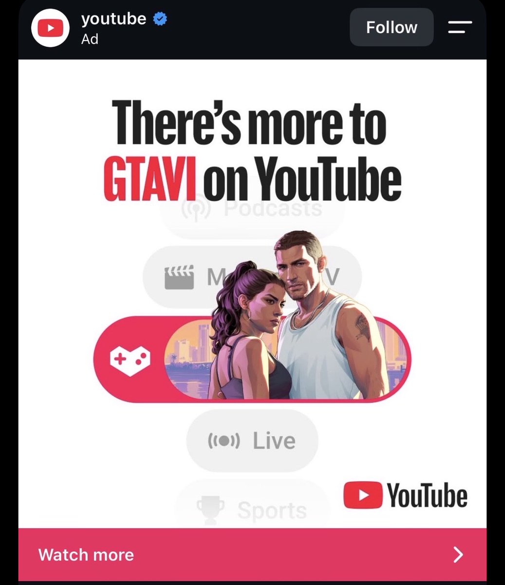 videotech's tweet photo. YouTube is advertising “There’s more to GTAVI on YouTube”, via @justxavierisunc https://t.co/FeXa4XqWE3