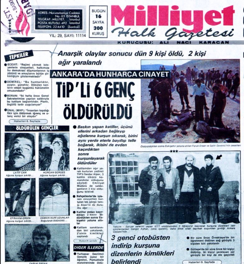 solhafza's tweet photo. 8-9 Ekim 1978
Ülkücüler Ankara’da TİP üyesi 7 gencin kaldığı eve baskın yaptı. Gençlerden 4'ü evde (1’i havlu ile boğularak 3’ü kurşunla) 2'si araçla götürüldükleri Eskişehir yolunda arazide kurşunlanarak katledildi; evde kurşunlanıp öldü sanılan 1'i de ağır yaralı olarak bulundu https://t.co/ETUm7AVU0S