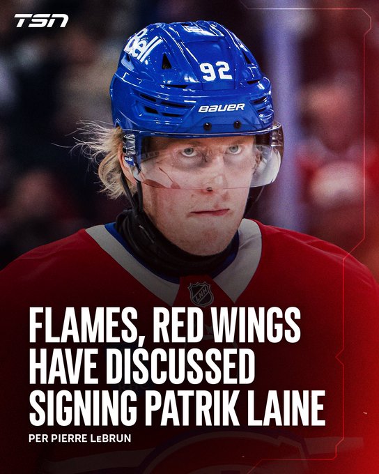 A close-up of Patrik Laine wearing a blue Bauer helmet (#92) and Montreal Canadiens jersey, with a TSN graphic reading "FLAMES, RED WINGS HAVE DISCUSSED SIGNING PATRIK LAINE" per Pierre LeBrun. The image relates to the post by highlighting the trade/free agent interest in Laine as teams consider signing him.