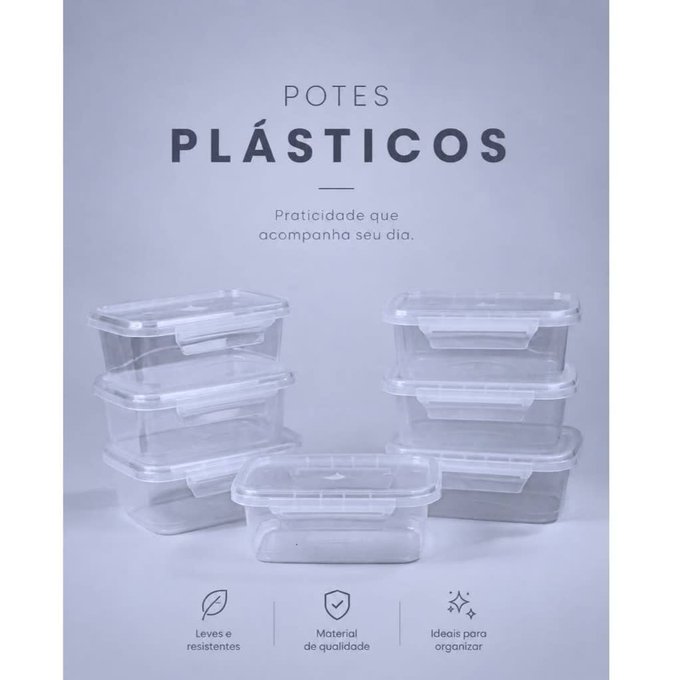 A promotional advertisement for plastic containers (Potes Plásticos) featuring a tagline 'Praticidade que acompanha seu dia' with icons highlighting that they are 'Leves e resistentes' (light and resistant), made of 'Material de qualidade' (quality material), and 'Ideais para organizar' (ideal for organizing).