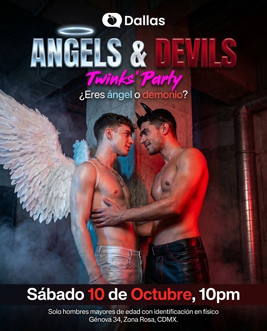 Sextopiso_mx's tweet photo. 😇 ¿Eres ángel o demonio? 😈
🥵 Desata la tentación en Dallas: TWINKS’ PARTY: Angels &amp; Devils.
🗓️ Este Sábado 10 de octubre · 10pm
📍 @dallas__mx Génova 34, Zona Rosa, CDMX
🔞🪪 Solo hombres mayores de edad con identificación en físico.
🎟️ Boletos aquí: https://t.co/UcfGFGyaP4 https://t.co/tO5rD8kcC4