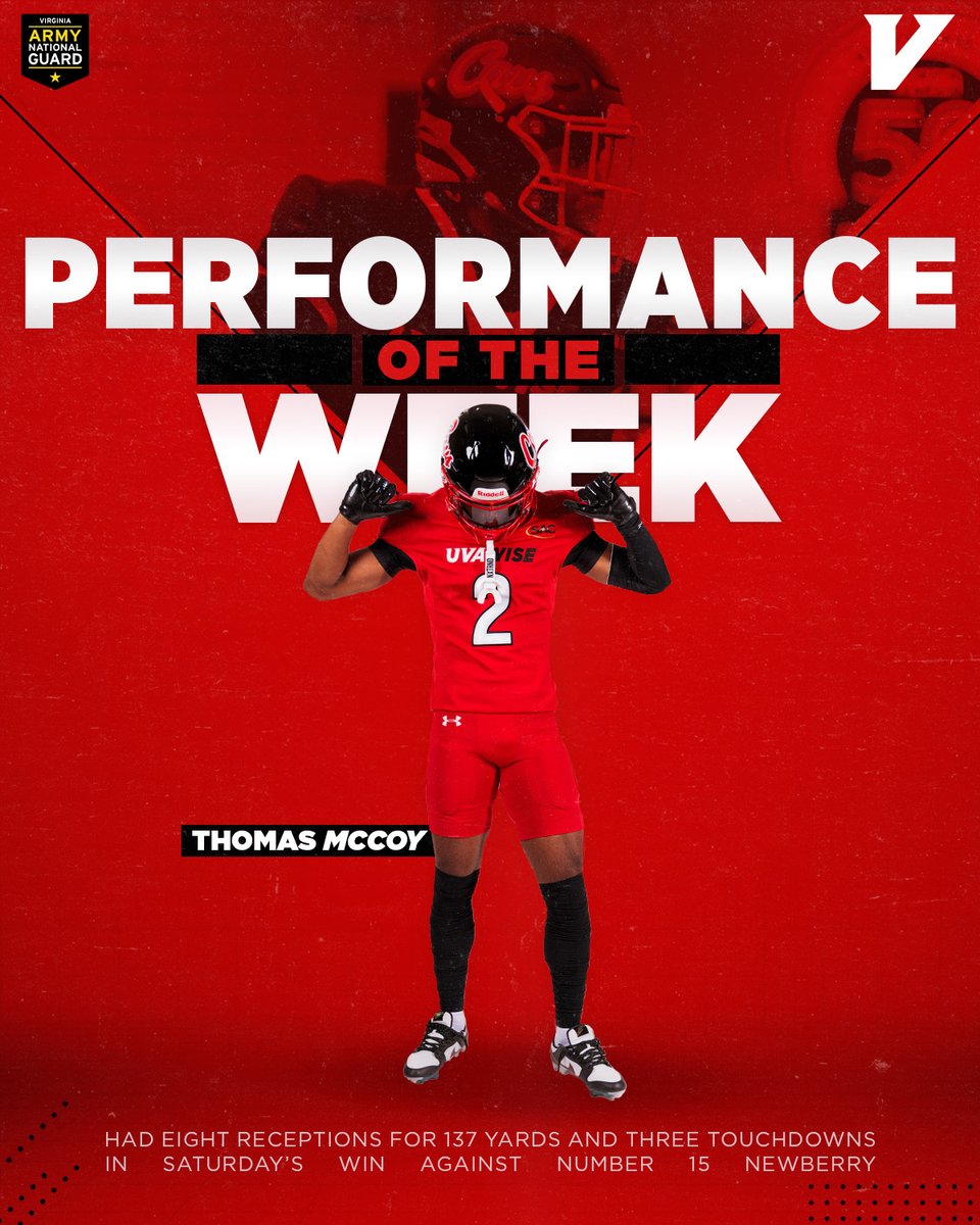 UVAWiseCavs's tweet photo. 🏈 PERFORMANCE OF THE WEEK! 🏈  

Thomas McCoy was one of the driving forces in last week's Win over Newberry with 8 receptions for 137 yards and 3 touchdowns!  

@joinvagaurd https://t.co/Nx6RpitS0E