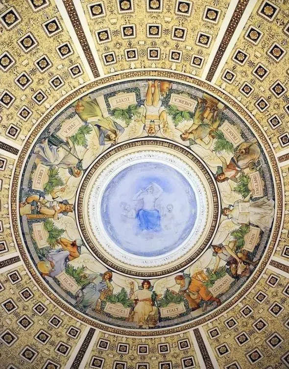 nab827's tweet photo. @DSK_nt @Zorkwyd @negan22_ On the ceiling of the reading room of the Library of Congress is a drawing with the name: The Evolution of Civilization, Each character represents a country or civilization that made the greatest contribution to the development of humanity, including Islam. https://t.co/qNSDCZLFN4