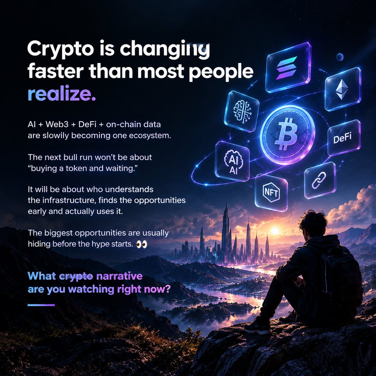 RO22PER's tweet photo. Crypto is changing faster than most people realize.
AI + Web3 + DeFi + on-chain data are slowly becoming one ecosystem.

The next bull run won’t be about simply buying tokens and waiting.

It will be about who understands the infrastructure, finds the opportunities early and actually uses it.

The biggest opportunities are usually hiding before the hype starts. 👀

What narrative are you watching right now?