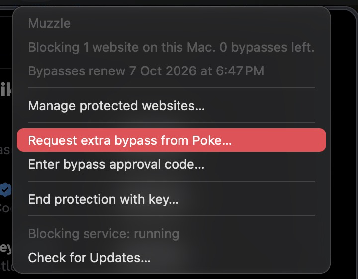 rested_7's tweet photo. added a bunch of updates to muzzle (the mac website blocker you can't turn off)

- temporary bypasses: pause blocking for a custom window (resets every 24h)
- you can bother @interaction to request an additional bypass
- the logo will go from empty to complete as the bypass is about to be over
- when two minutes are left it will show a notification
- a new time based blocker instead of an infinite one
- the api key for poke is now stored in apple keychain
- universal builds for arm and x86