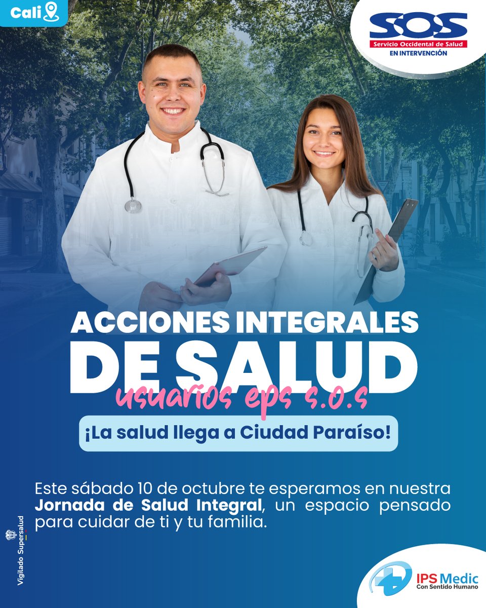 Eps_Sos's tweet photo. Este sábado 10 de octubre te esperamos en nuestra Jornada de Salud Integral, un espacio para cuidar de ti y tu familia. 

📅 10 de octubre
🕗 8:00 a. m. a 1:00 p. m.
📍 Ciudad Paraíso, Cra. 11 entre calles 11 y 12

#CuidarteNosInspira

@Supersalud https://t.co/hDXJ8Z7TJ0