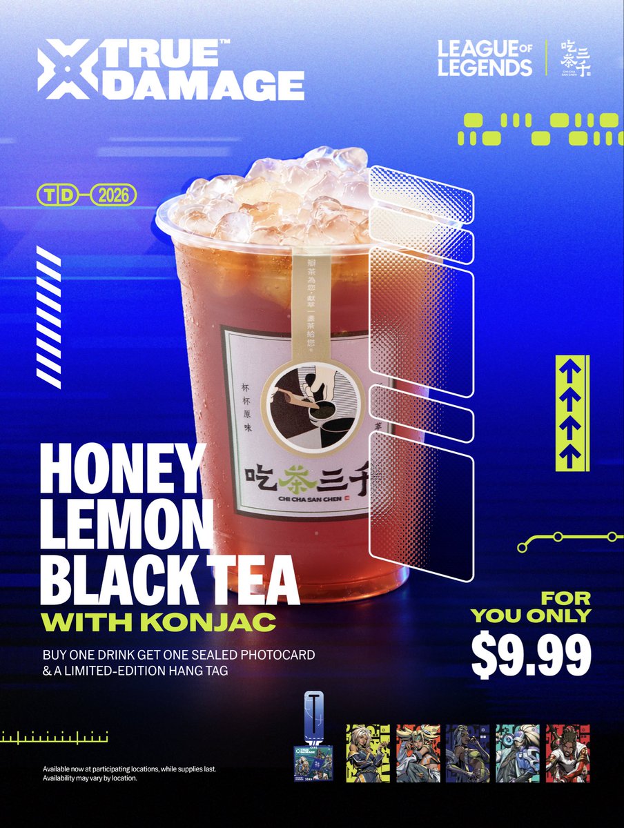 Sabby's tweet photo. CHI CHA SAN CHEN X TRUE DAMAGE

Live at all participating locations starting this Friday, October 9th.

Get your random member photocard, hang RGA, and new custom True Damage drink: Honey Lemon Black Tea with Konjac! 👊 https://t.co/oFGbgcmm6X