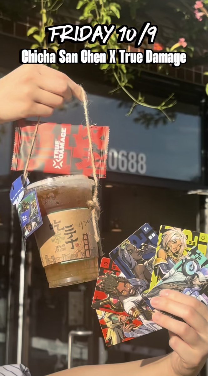 Sabby's tweet photo. CHI CHA SAN CHEN X TRUE DAMAGE

Live at all participating locations starting this Friday, October 9th.

Get your random member photocard, hang RGA, and new custom True Damage drink: Honey Lemon Black Tea with Konjac! 👊 https://t.co/oFGbgcmm6X
