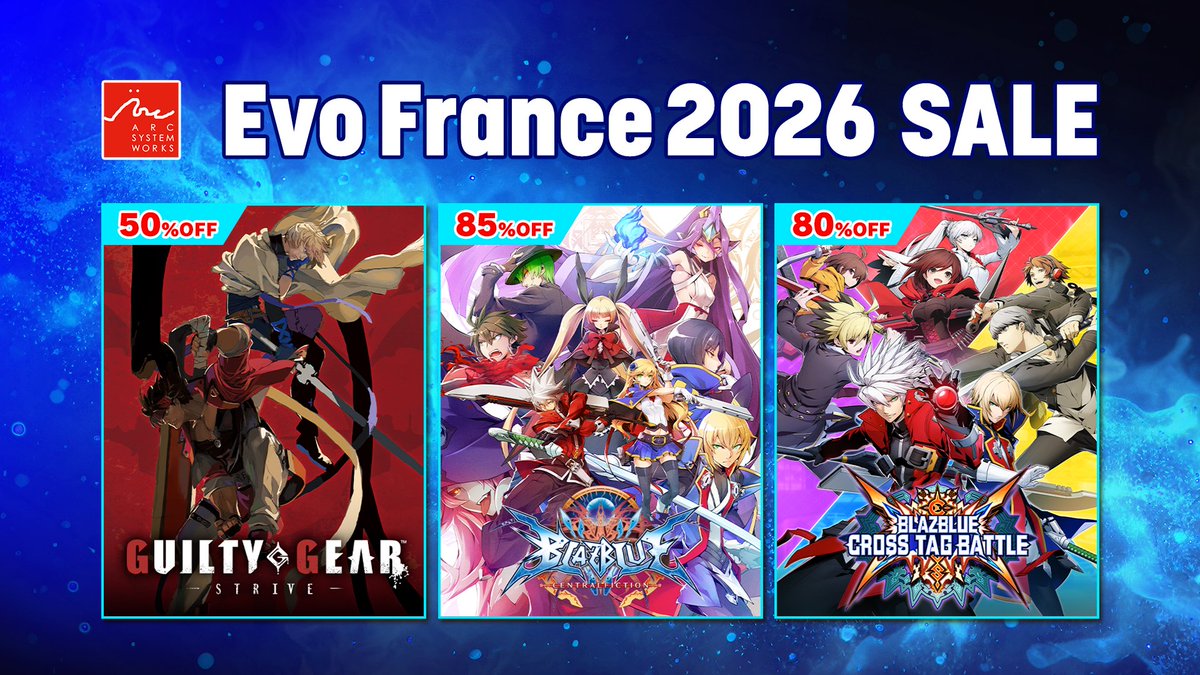 ArcSystemWorksB's tweet photo. Nossa Promoção EVO França está acontecendo agora! 🏆

Comemore a competição e economize em vários dos nossos títulos! 💸

✅GUILTY GEAR -STRIVE- com 50% de DESCONTO
✅BLAZBLUE CENTRALFICTION com 85% de DESCONTO
✅BLAZBLUE CROSS TAG BATTLE com 80% de DESCONTO

Visite nossa página na Steam e garanta jogos incríveis hoje! ✨
https://t.co/jQZiY4goEE

#GGST #BLAZBLUE