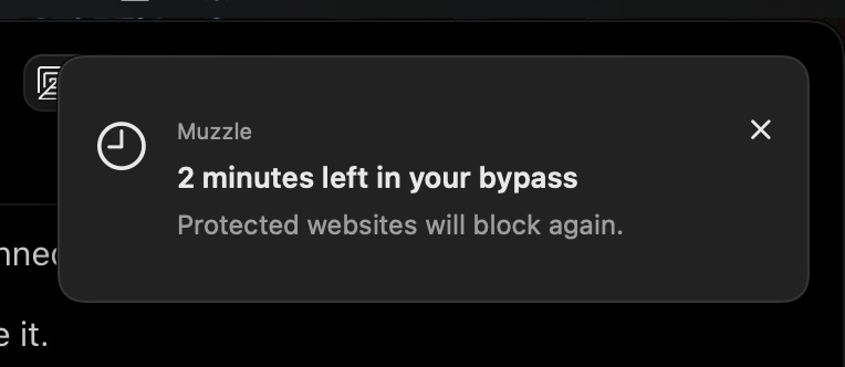 rested_7's tweet photo. added a bunch of updates to muzzle (the mac website blocker you can't turn off)

- temporary bypasses: pause blocking for a custom window (resets every 24h)
- you can bother @interaction to request an additional bypass
- the logo will go from empty to complete as the bypass is about to be over
- when two minutes are left it will show a notification
- a new time based blocker instead of an infinite one
- the api key for poke is now stored in apple keychain
- universal builds for arm and x86
