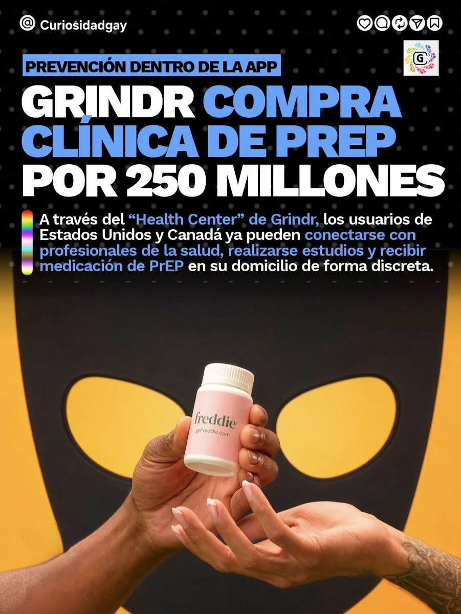 GayCuriosidad's tweet photo. Hola curios hoy tenemos buenas noticias para Grindr y el PREP,Grindr anuncio la compra de PurposeMed la empresa Matriz de Freddie plataforna de Telesalud enfocada en Prevencion del VIH #Grindr #PREP #plataforma #VIH #Curiosidadgay https://t.co/epynqldGTf