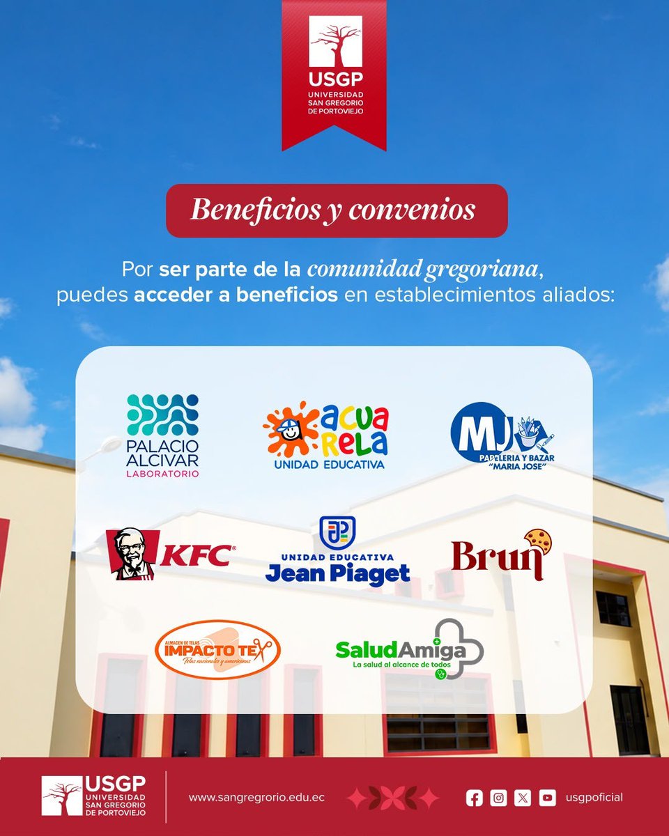 USGPOFICIAL's tweet photo. 🎓 Ser maestrante #USGP también es disfrutar de beneficios que acompañan tu bienestar y tu día a día.
Accede a servicios de salud dentro del campus en áreas como medicina y odontología, con horarios pensados para brindarte mayor comodidad.
🩺 Medicina: atención de 07h30 a 16h00 y de 16h00 a 20h00
🦷 Odontología: de 11h00 a 13h00 y de 14h00 a 16h00
📲 Para agendar tu atención:
✅ Ingresa a https://t.co/OaWVe8vP5W
✅ Selecciona “Agendar turno servicio de salud”
✅ Inicia sesión con tu usuario y contraseña
✅ Elige el servicio, profesional, día y hora de tu preferencia
✅ Recuerda llegar 15 minutos antes de tu cita.
❤️ Además, como parte de la comunidad gregoriana, puedes acceder a convenios y descuentos en establecimientos aliados.
✨ Tu experiencia en la USGP va más allá del aula.
#USGP #Maestrantes #BeneficiosUSGP #ComunidadGregoriana