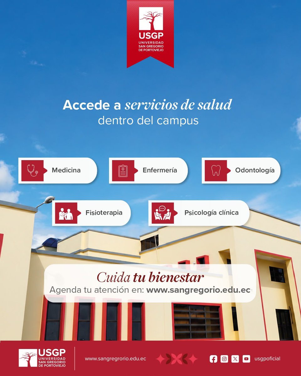 USGPOFICIAL's tweet photo. 🎓 Ser maestrante #USGP también es disfrutar de beneficios que acompañan tu bienestar y tu día a día.
Accede a servicios de salud dentro del campus en áreas como medicina y odontología, con horarios pensados para brindarte mayor comodidad.
🩺 Medicina: atención de 07h30 a 16h00 y de 16h00 a 20h00
🦷 Odontología: de 11h00 a 13h00 y de 14h00 a 16h00
📲 Para agendar tu atención:
✅ Ingresa a https://t.co/OaWVe8vP5W
✅ Selecciona “Agendar turno servicio de salud”
✅ Inicia sesión con tu usuario y contraseña
✅ Elige el servicio, profesional, día y hora de tu preferencia
✅ Recuerda llegar 15 minutos antes de tu cita.
❤️ Además, como parte de la comunidad gregoriana, puedes acceder a convenios y descuentos en establecimientos aliados.
✨ Tu experiencia en la USGP va más allá del aula.
#USGP #Maestrantes #BeneficiosUSGP #ComunidadGregoriana