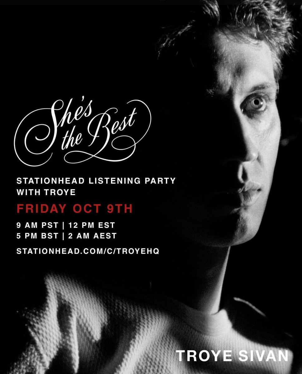 TroyeHQ's tweet photo. join @troyesivan for a stationhead listening party on friday, 10/9 at 9am pt/5pm bst, to celebrate the release of ‘She’s The Best’! reply to this tweet with your album questions for Troye and use #ShesTheBest 💋

https://t.co/3I2HzrvrAk https://t.co/OdK2c2mw2x