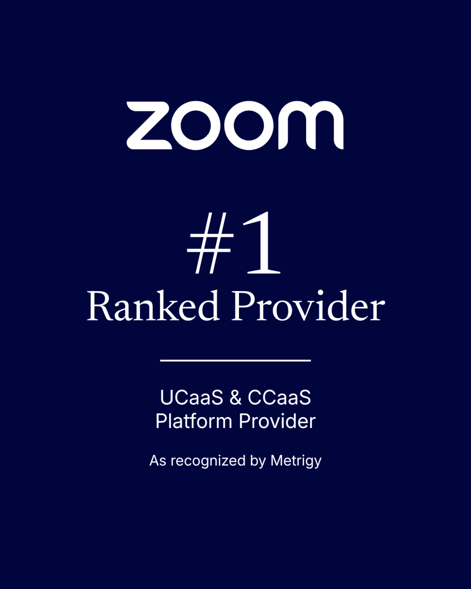 Zoom's tweet photo. What happens when unified communications and contact center capabilities come together on a common platform?

Zoom takes the No. 1 spot in Metrigy’s UCaaS + CCaaS MetriRank 2026 report evaluating market share, product capabilities, business success + more.

Explore the analysis shaping the integrated communications market. ⬇️🔗
https://t.co/Dq8phce5tj