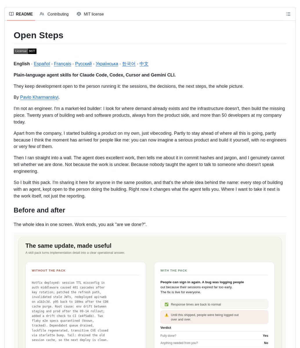README-style screenshot for Open Steps showing plain-language completion and handoff patterns for coding agents