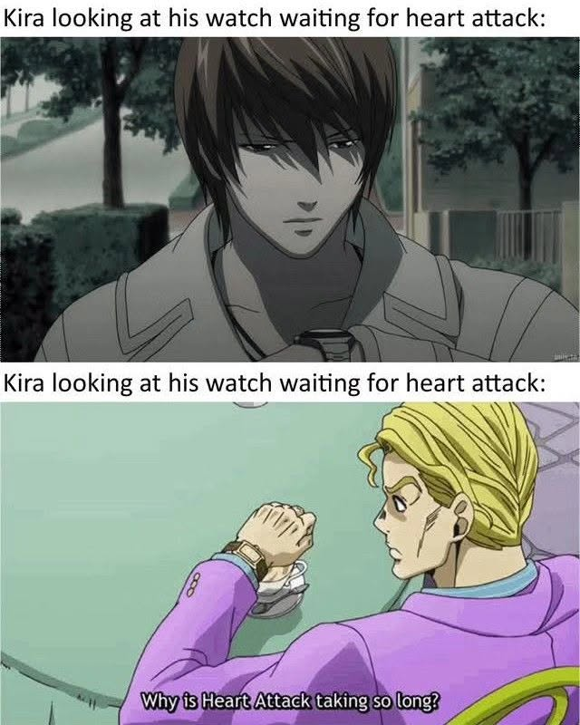 JOJO_Unseen's tweet photo. Is this a JoJo reference? 

> Both are Kira
> Both checking their watches
> Both waiting for a heart attack https://t.co/8y9c1lhlBC