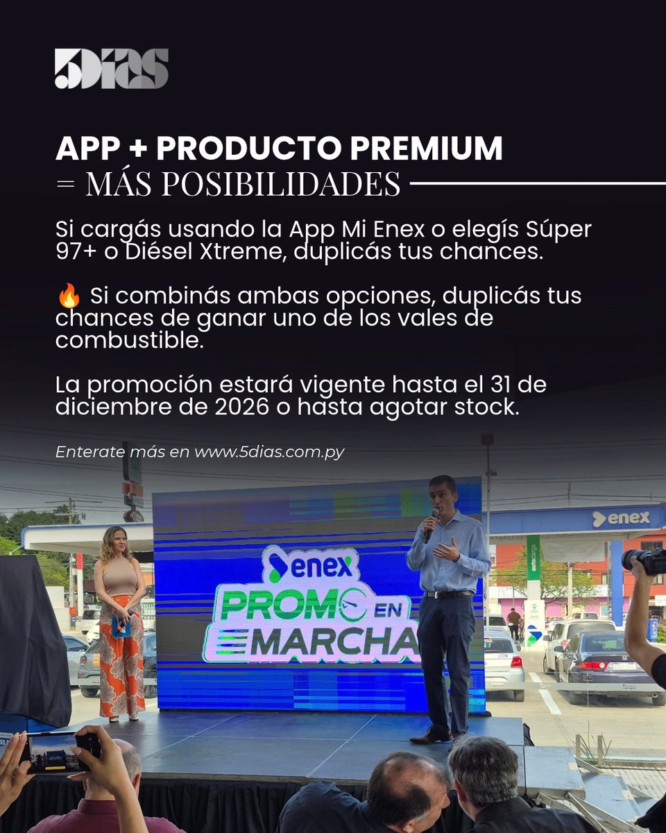 5DiasPy's tweet photo. 🚗💥 Enex lanzó su promo “En Marcha”: cargá desde G. 150.000, sumá G. 70.000 y llevate un bolso Pulsak. 

Además, enviando la foto de tu factura al WhatsApp 0985 40 20 40 participás por 100 vales de combustible de G. 1.000.000 c/u. 

📱 Duplicás tus chances usando la App Mi Enex o cargando productos premium. 

Conocé más en https://t.co/5NjYt40DQE 

#5Días #Enex #PromoEnMarcha #Combustible #Paraguay Sorteo