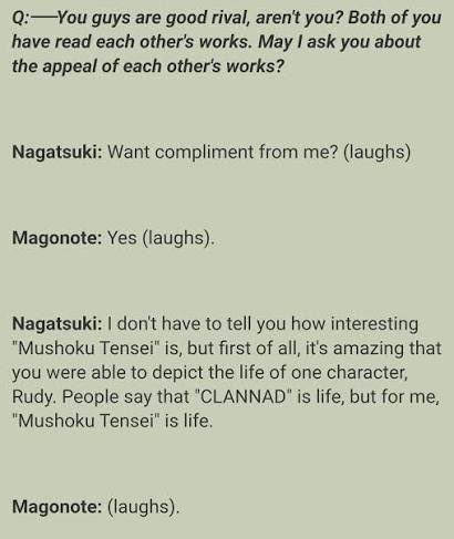 ChibiReviews's tweet photo. Here's Rifujin the Author of Mushoku Tensei and Tappei the Author of ReZero having an interview with each other

Tappei says "Mushoku Tensei is Life" to him. Indicating he's a big fan boy of MT https://t.co/EP1pHghol8