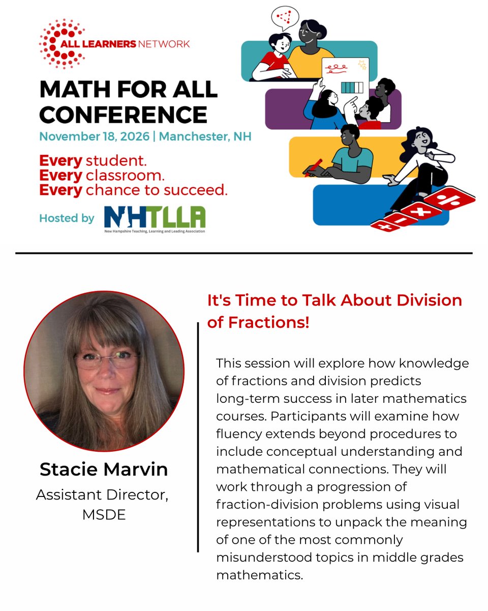 AllLearnersMath's tweet photo. Take a peek at three #MathForAll2026 presentations centered around fraction division, High-Leverage Concepts, and hands-on math studios. 

MFA in Manchester, NH on Nov 18, in partnership with NHTLLA. Register: https://t.co/C6SMCHv1Wm 

#MFA #EdConference #ALN #AllLearnersNetwork https://t.co/v7SiolfC3j