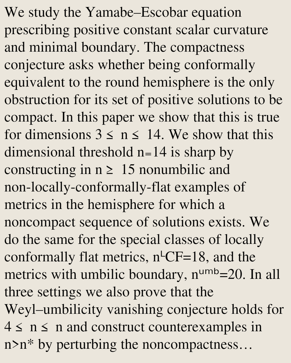 GeometryPapers's tweet photo. Compactness and Noncompactness for the Positive Yamabe–Escobar Problem with Minimal Boundary

Santiago Cordero-Misteli
https://t.co/hIvP3Lk0mJ [𝚖𝚊𝚝𝚑.𝙳𝙶 𝚖𝚊𝚝𝚑.𝙰𝙿] https://t.co/x3BNW5d4B6