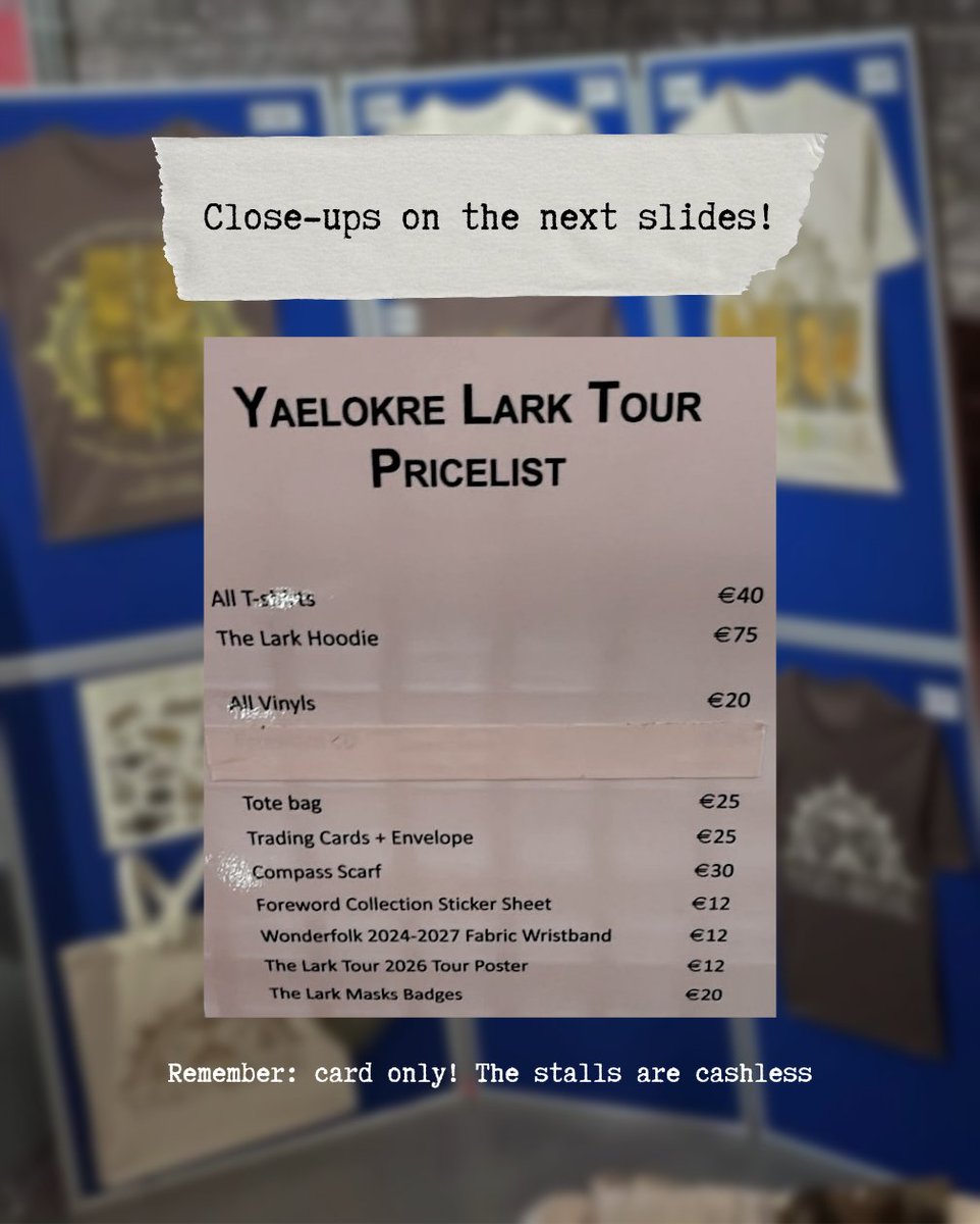 YaelokreNews's tweet photo. There's new merch on sale! Please remember the stalls won't accept cash. Prices are listed in the available image descriptions :)

#yaelokre #bencaplan #yaelokretour https://t.co/b5CkCz7x81