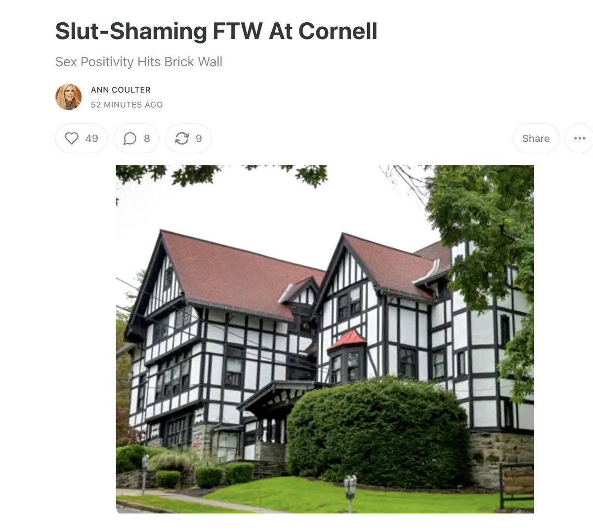 AnnCoulter's tweet photo. NEW COLUMN IS POSTED!  Slut-Shaming FTW At Cornell

 https://t.co/3MctfOmpCs https://t.co/72b72HzqBj