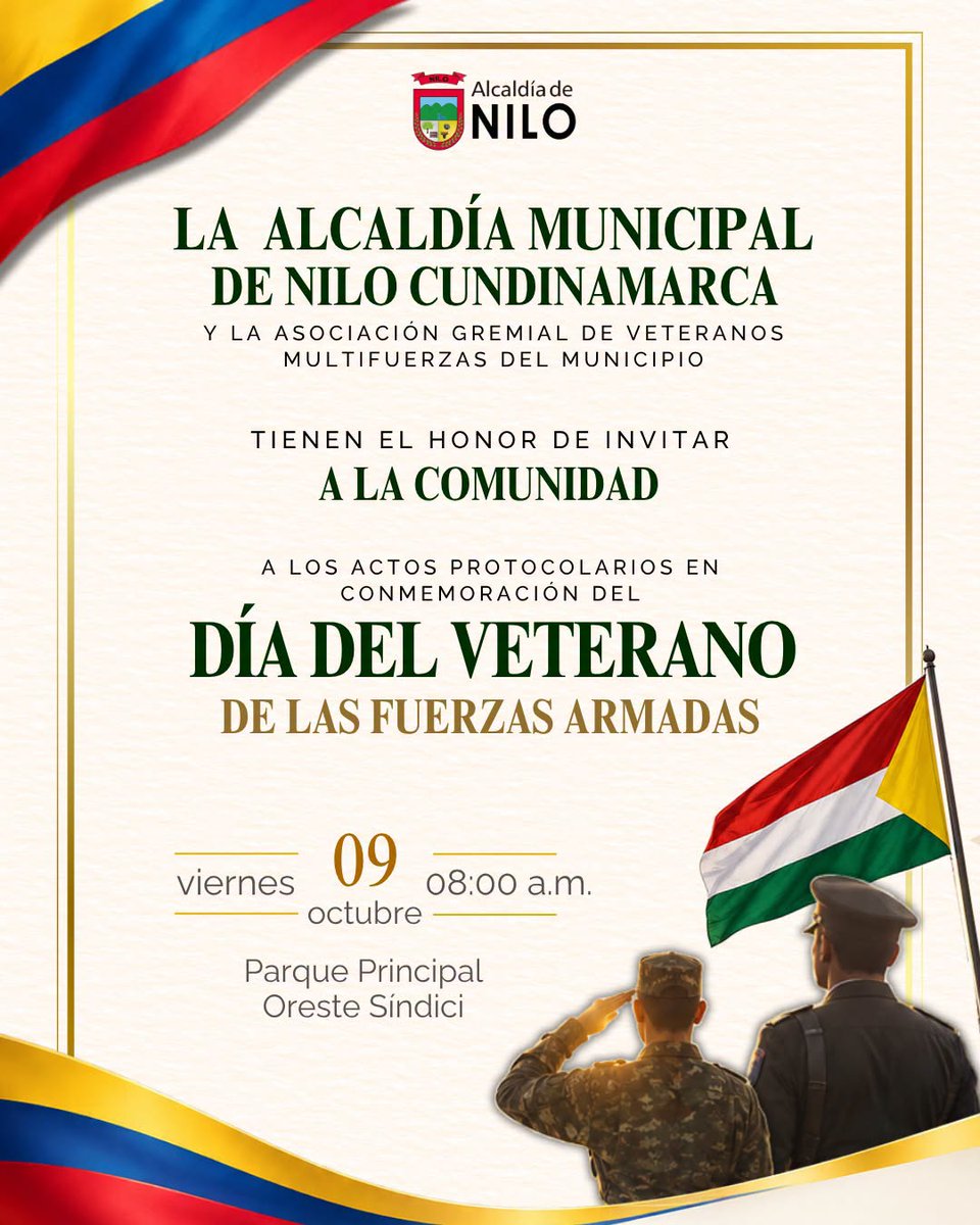 ALCALDIADENILO's tweet photo. La Administración Municipal extiende una cordial invitación a la comunidad para participar en la conmemoración del Día del Veterano de la Fuerza Pública.
Es un acto solemne para exaltar la valentía, el sacrificio y la invaluable labor de quienes han servido a la patria con honor. https://t.co/voALRSlasP